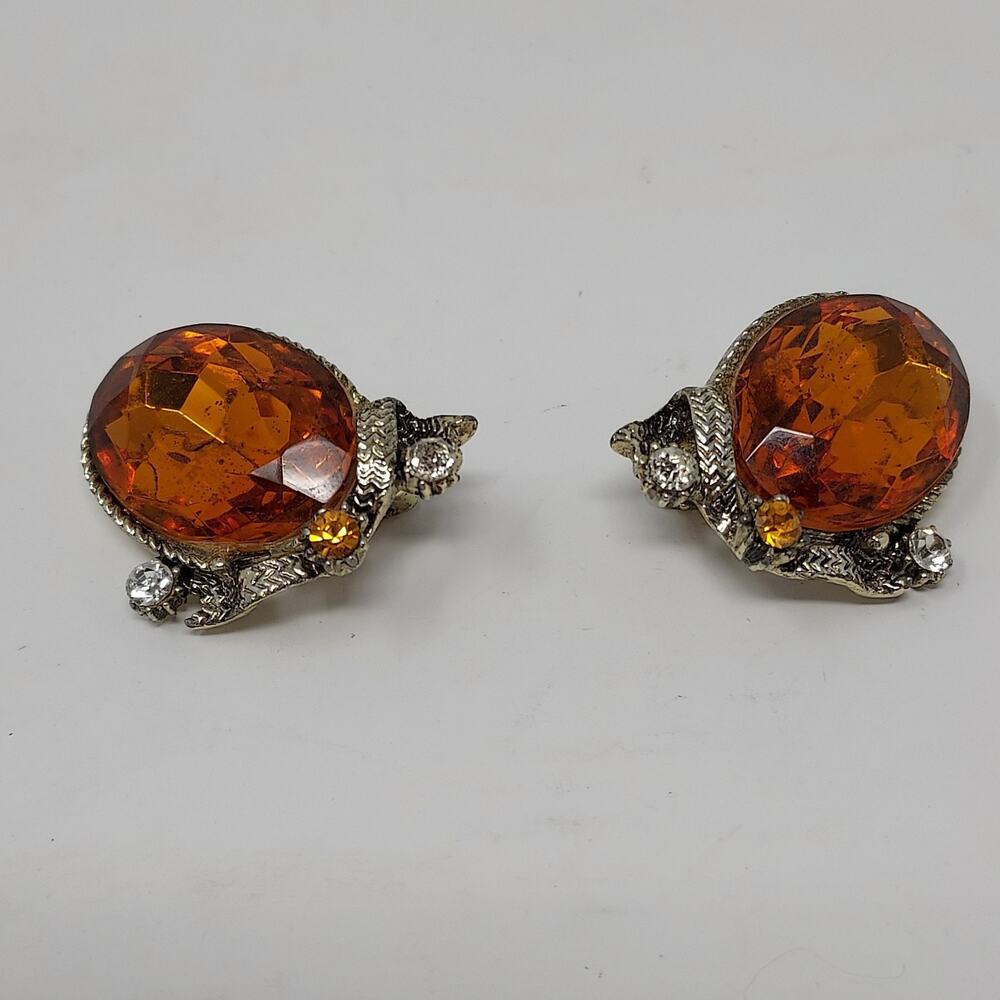 Vintage Beaujewels Earrings Amber Glass Rhinestone Clip On Signed